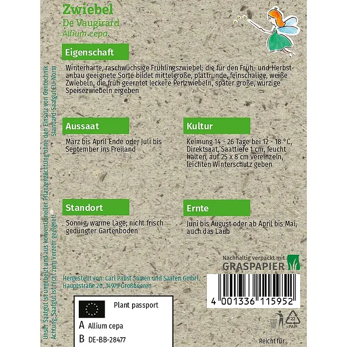 Grüne Fee Gemüsesamen Zwiebel - Allium cepa L., Erntezeit: April - Saatguttüte für Zwiebeln 'De Vaugirard' mit Anbauanleitung, Barcode und einer kleinen Feenillustration, aus Graspapier.