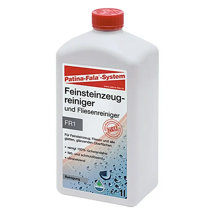 Patina-Fala Feinsteinzeugreiniger - 1 l - Eine Flasche Feinsteinzeugreiniger und Fliesenreiniger der Marke Patina-Fala-System mit rotem Deckel.