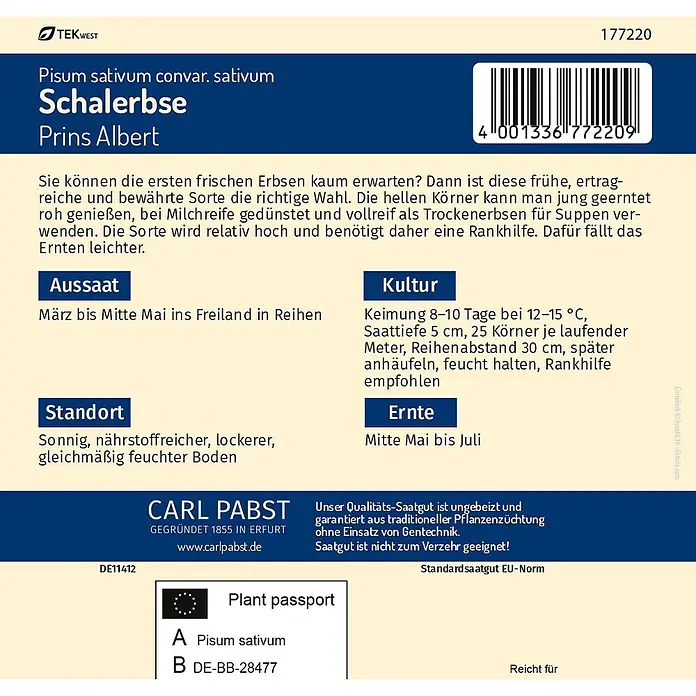 Pabst Keimkraft Gemüsesamen Schalerbse - Pisum sativum L. convar. sativum Alef., Erntezeit: Mai - Samentüte für Schalerbse 'Prins Albert' mit Barcode und Pflanzenpass.