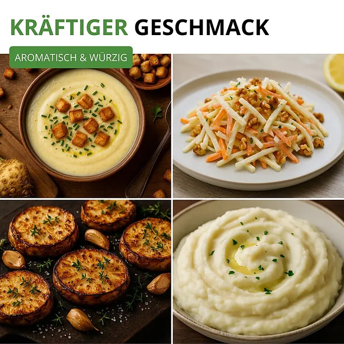 Deine Gartenwelt Knollensellerie Goliath -  - Collage aus vier Sellerie-Gerichten: cremige Suppe, Julienne-Salat, geröstete Scheiben und Selleriepüree, die den kräftigen Geschmack hervorheben.