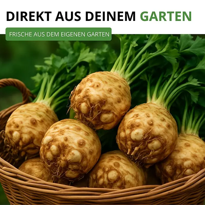 Deine Gartenwelt Knollensellerie Goliath -  - Frische Knollensellerie mit grünen Blättern in einem Weidenkorb, direkt aus dem Garten.