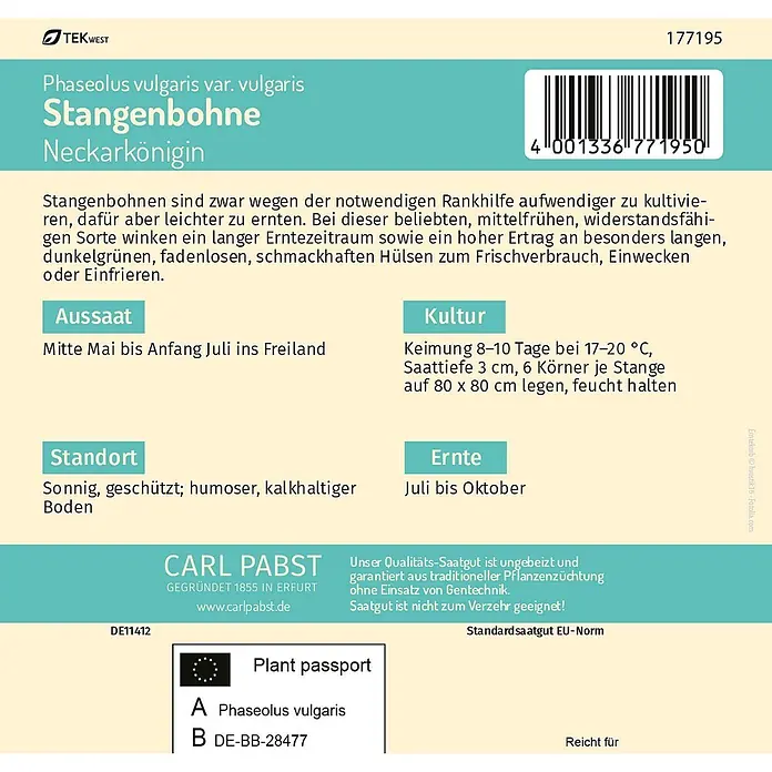 Pabst Keimkraft Gemüsesamen Stangenbohne - Phaseolus vulgaris L. var. vulgaris, Erntezeit: Juli - Samenpäckchen für Stangenbohne 'Neckarkönigin' mit Pflanzpass und Pflanzanleitung.
