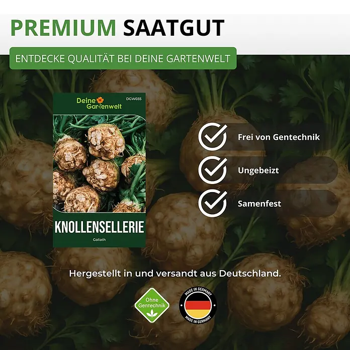 Deine Gartenwelt Knollensellerie Goliath -  - Samentüte für Knollensellerie 'Goliath' vor einem Hintergrund von Selleriepflanzen, bewirbt gentechnikfreies, unbehandeltes, samenfestes Premium-Saatgut.