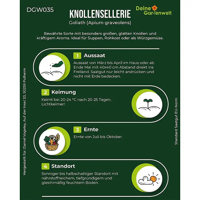 Deine Gartenwelt Knollensellerie Goliath -  - Infografik für Knollensellerie 'Goliath' Pflanzanleitung, mit Details zu Aussaat, Keimung, Ernte und Standort.