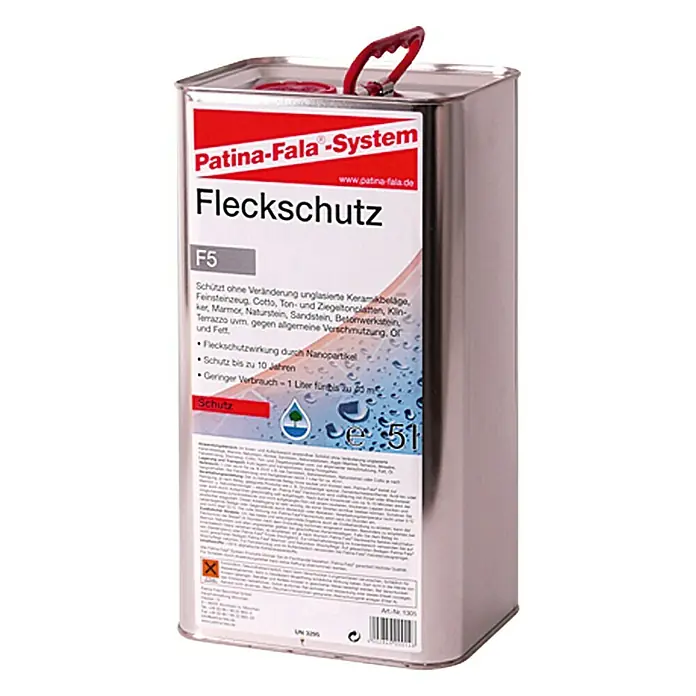 Patina-Fala Fleckschutz - 5 l - Bild einer Dose Patina-Fala Fleckschutz F5, ein Fleckschutzmittel für Keramik, Stein und mehr, mit Nanopartikelwirkung für bis zu 10 Jahre Schutz.