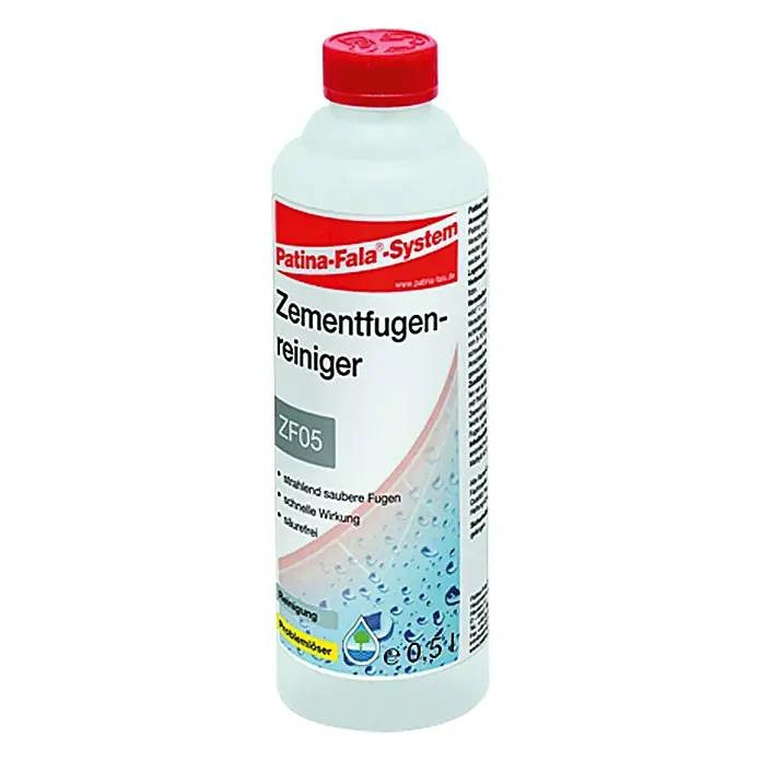 Patina-Fala Zementfugenreiniger - 500 ml - Eine Flasche Patina-Fala Zementfugenreiniger ZF05, ein Reinigungsmittel für Zementfugen, mit rotem Deckel und weißem Etikett.