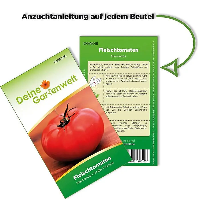 Deine Gartenwelt Gemüsesamen Fleischtomate - Solanum lycopersicum, Erntezeit: Juli - Grünes Samenpäckchen für Fleischtomaten Marmande mit großem roten Tomatenbild und deutscher Anzuchtanleitung.