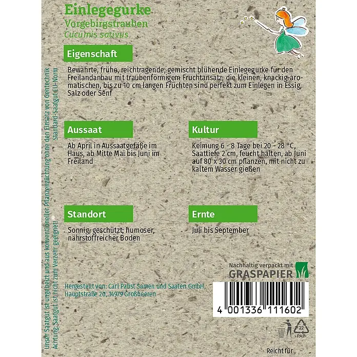 Grüne Fee Einlegegurke Vorgebirgstrauben -  - Samenpackung für Einlegegurken 'Vorgebirgstrauben' aus Graspapier, mit Anbauinformationen und einer Feenillustration.