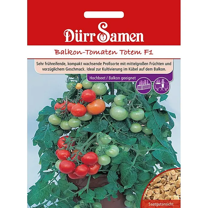 Dürr Samen Gemüsesamen Balkontomate - Lycopersicon lycopersicum, Erntezeit: Juli - Samenpackung für Balkon-Tomaten Totem F1 mit roter und grüner Tomatenpflanze und Saatgutansicht.