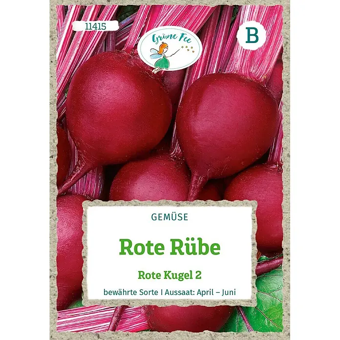 Grüne Fee Gemüsesamen Rote Bete - Beta vulgaris var. conditiva Alef, Erntezeit: August - Samenpaket für Rote Rüben Sorte 'Rote Kugel 2', mit Abbildung von tiefroten Rüben und ihren Stielen.