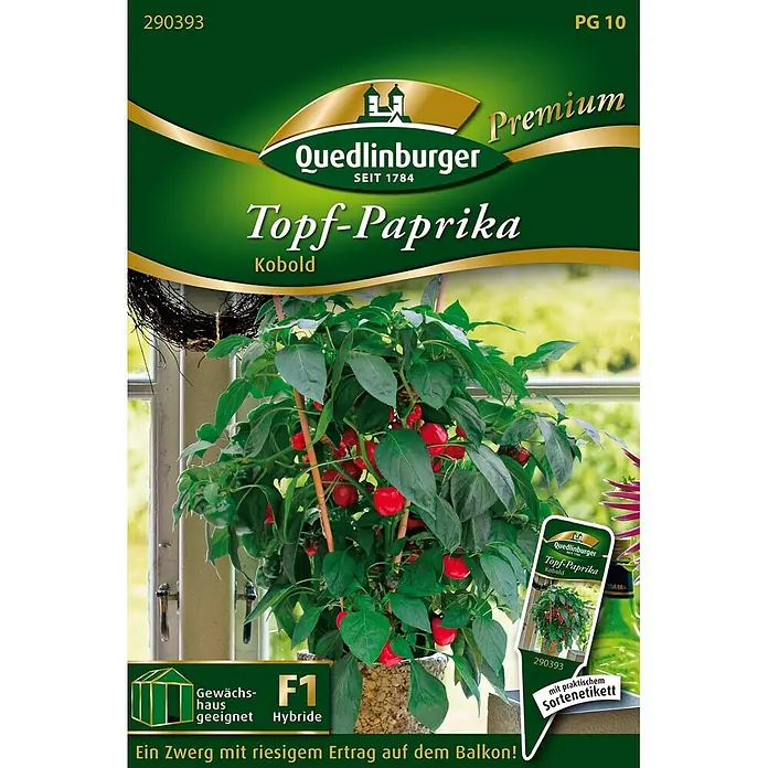 Quedlinburger SAATGUT Gemüsesamen Paprika - Capsicum annuum, Erntezeit: Juli - Quedlinburger Samenpackung für 'Topf-Paprika Kobold', zeigt eine kompakte Pflanze mit vielen roten Paprika.