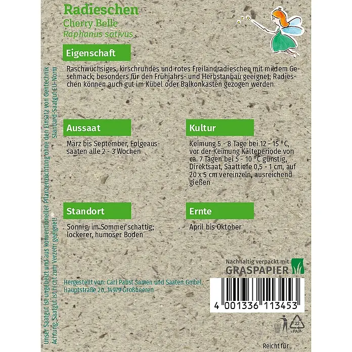 Grüne Fee Radieschen Cherry Belle -  - Radieschen-Samenpäckchen mit grünem Text, einer Feenillustration und Barcode auf Graspapier.