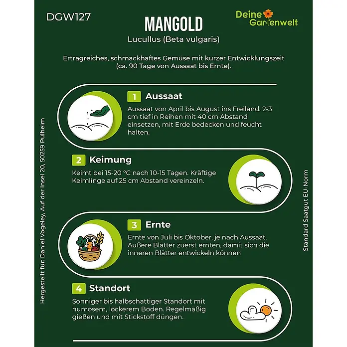 Deine Gartenwelt Mangold Lucullus -  - Informationsgrafik zu Anbau, Keimung, Ernte und Standort von Mangold 'Lucullus' mit passenden Icons.