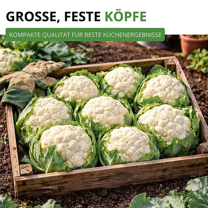 Deine Gartenwelt Winterblumenkohl Walcheren -  - Mehrere große, feste weiße Blumenkohlköpfe mit grünen Blättern in einer rustikalen Holzkiste, auf Gartenerde.