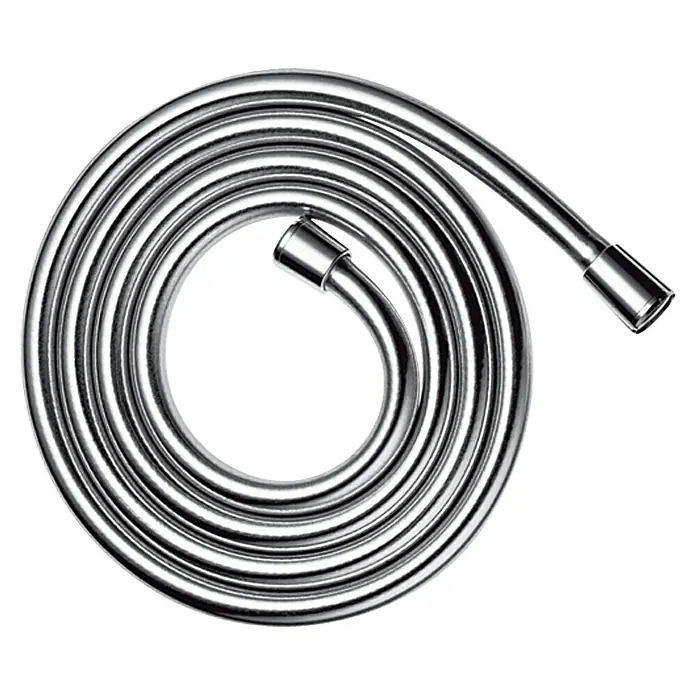 Hansgrohe Brauseschlauch Isiflex - Länge: 125 cm, Anschlüsse: ½″, Kunststoff - Eine Nahaufnahme eines spiralförmigen, flexiblen Brauseschlauchs aus glänzendem Metall. Der Schlauch ist aufgerollt und hat Anschlüsse an beiden Enden.