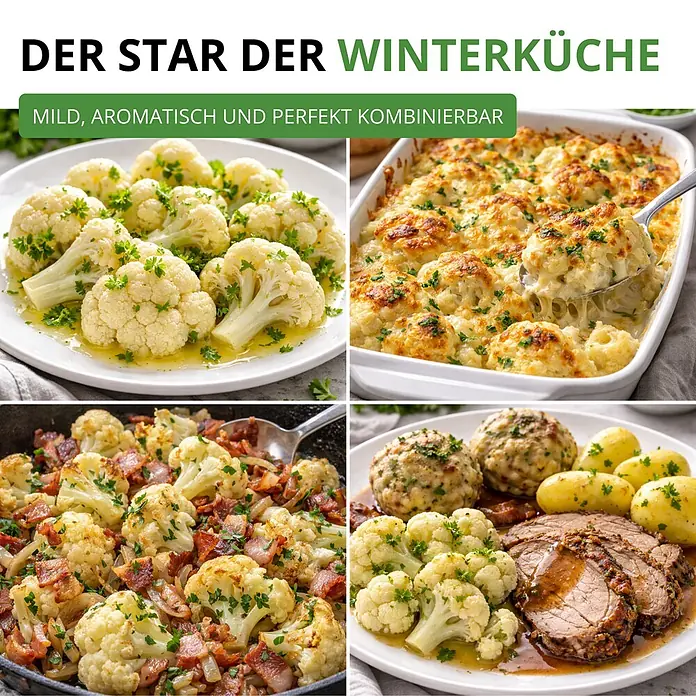 Deine Gartenwelt Winterblumenkohl Walcheren -  - Eine Collage verschiedener Blumenkohlgerichte: gedünstet, gratiniert, geröstet und als Beilage.