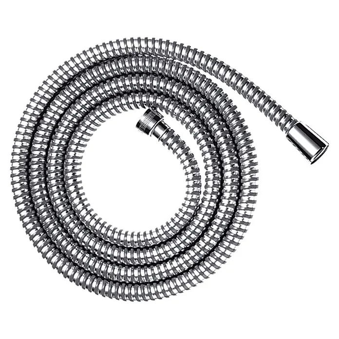 Hansgrohe Brauseschlauch Metaflex - Länge: 160 cm, Anschlüsse: ½″, Kunststoff - Bild einer flexiblen, verchromten Duschschlauch, spiralförmig aufgerollt und mit Anschlüssen an beiden Enden.
