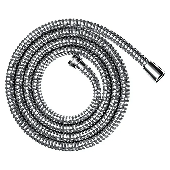 Hansgrohe Brauseschlauch Metaflex - Länge: 160 cm, Anschlüsse: ½″, Kunststoff - Bild einer flexiblen, verchromten Duschschlauch, spiralförmig aufgerollt und mit Anschlüssen an beiden Enden.