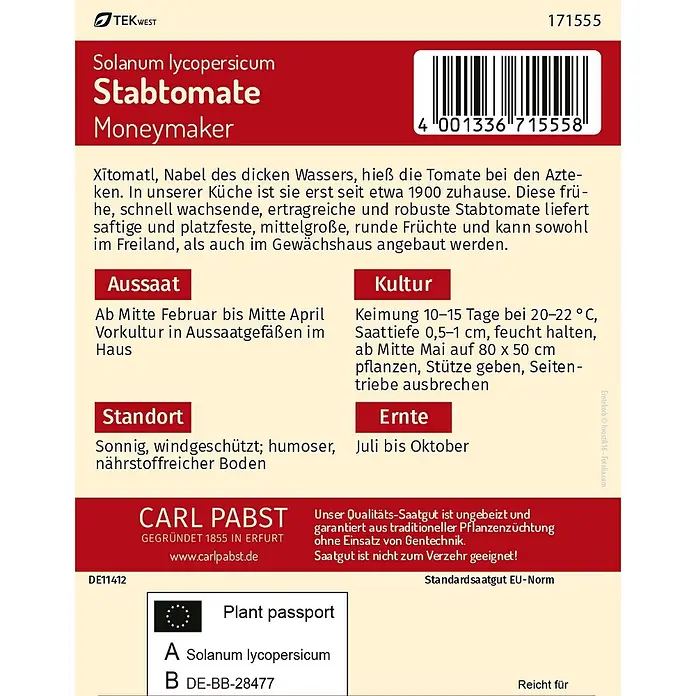 Pabst Keimkraft Gemüsesamen Stabtomate - Solanum lycopersicum L., Erntezeit: Juli - Samenpackung für Stabtomate Moneymaker mit Anzuchtanleitung und Pflanzenpass.