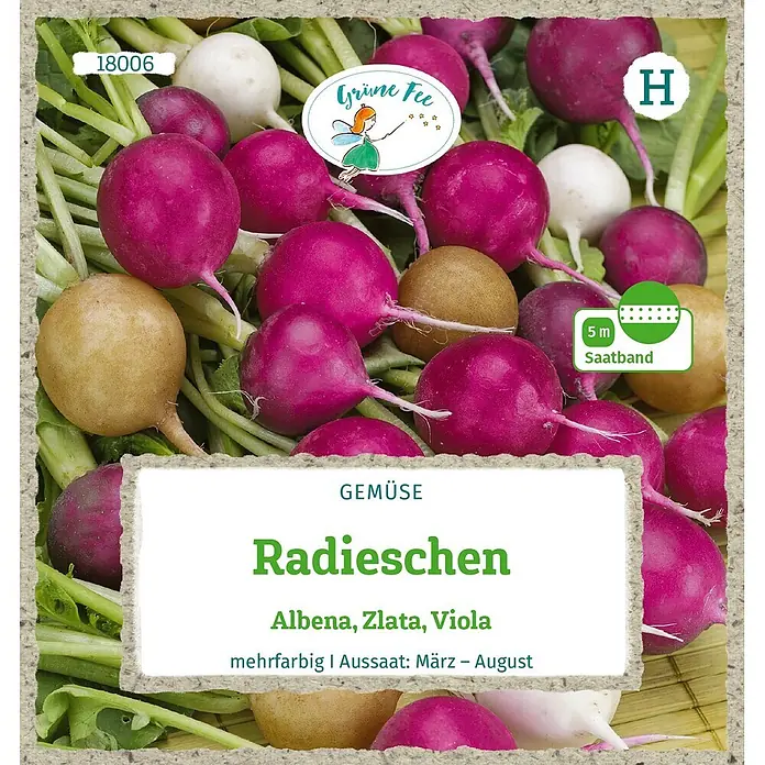 Grüne Fee Gemüsesamen Radieschen - Raphanus sativus L. var. sativus, Erntezeit: Mai - Samentüte für mehrfarbige Radieschen Albena, Zlata, Viola. Inklusive 5m Saatband.