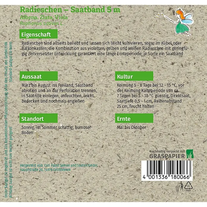 Grüne Fee Gemüsesamen Radieschen - Raphanus sativus L. var. sativus, Erntezeit: Mai - Radieschen-Saatband-Packung in Grün und Braun, mit Pflanzinformationen und einer Feen-Illustration.