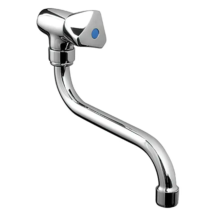 Mixomat Kaltwasser-WandventilChrom, Auslauf schwenkbar - Glänzender Chrom-Wasserhahn mit einem dreieckigen Griff und einem blauen Punkt, perfekt für moderne Küchen und Badezimmer.