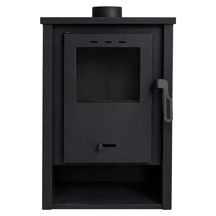 Estufa de leña Nimes - 7 kW - 8,97 kW, Volumen de calefacción: 175 m³, Negro - Estufa de leña moderna de metal negro con puerta de cristal, asa, rejillas de ventilación y compartimento inferior.
