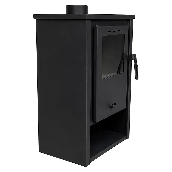 Estufa de leña Nimes - 7 kW - 8,97 kW, Volumen de calefacción: 175 m³, Negro - Estufa de leña de metal negro con puerta de cristal y conducto de chimenea superior.