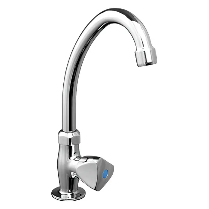 Mixomat Kaltwasser-Standventil - Chrom, Glänzend - Glänzender, verchromter Waschtischarmatur mit blauem Akzent und geschwungenem Auslauf für stilvolle Badezimmerdesigns.