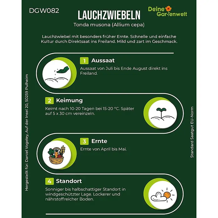 Deine Gartenwelt Lauchzwiebeln Tonda musona -  - Informationsgrafik für den Anbau von Lauchzwiebeln 'Tonda musona', mit Details zu Aussaat, Keimung, Ernte und idealem Standort, inklusive Icons.