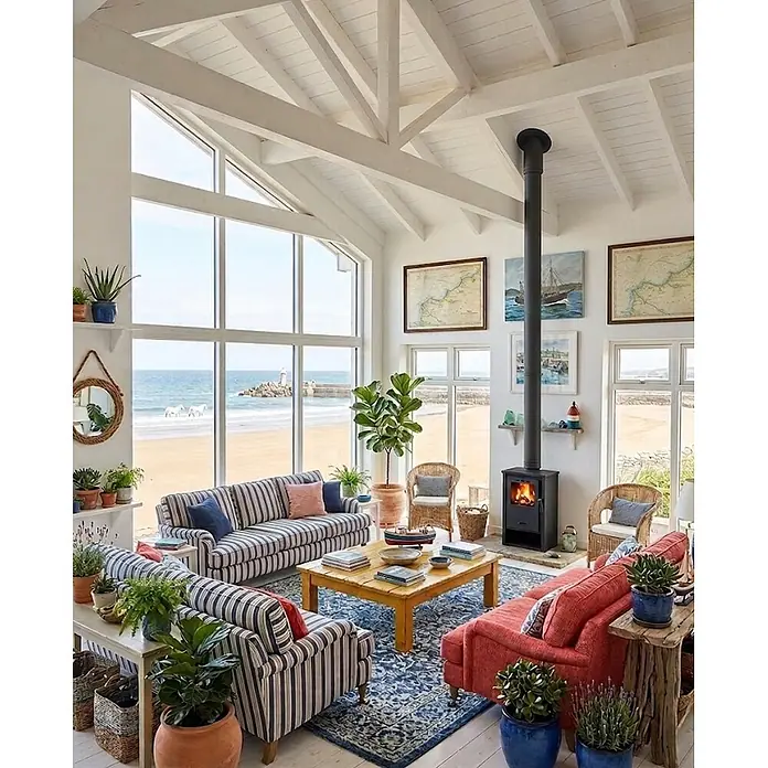 Estufa de leña Nimes - 7 kW - 8,97 kW, Volumen de calefacción: 175 m³, Negro - Un salón costero acogedor y luminoso con sofás de rayas y coral, mesa de madera, chimenea y grandes ventanales con vistas al mar.