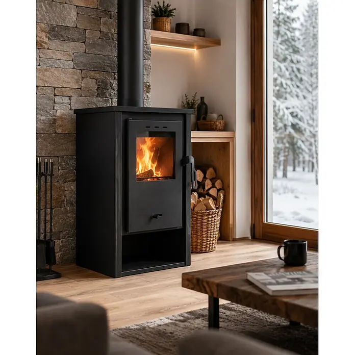 Estufa de leña Nimes - 7 kW - 8,97 kW, Volumen de calefacción: 175 m³, Negro - Estufa de leña de metal negro con fuego encendido, calentando una sala acogedora con vista nevada.