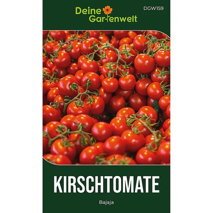 Deine Gartenwelt Kirschtomate Bajaja -  - Dunkelgrüne Saatgutpackung für Kirschtomaten 'Bajaja' mit einem Foto von roten Kirschtomaten an der Rispe.