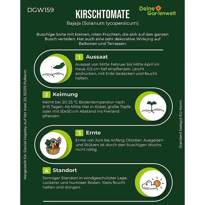 Deine Gartenwelt Kirschtomate Bajaja -  - Infografik für Kirschtomaten-Samen Bajaja, mit Anweisungen zur Aussaat, Keimung, Ernte und zum Standort.