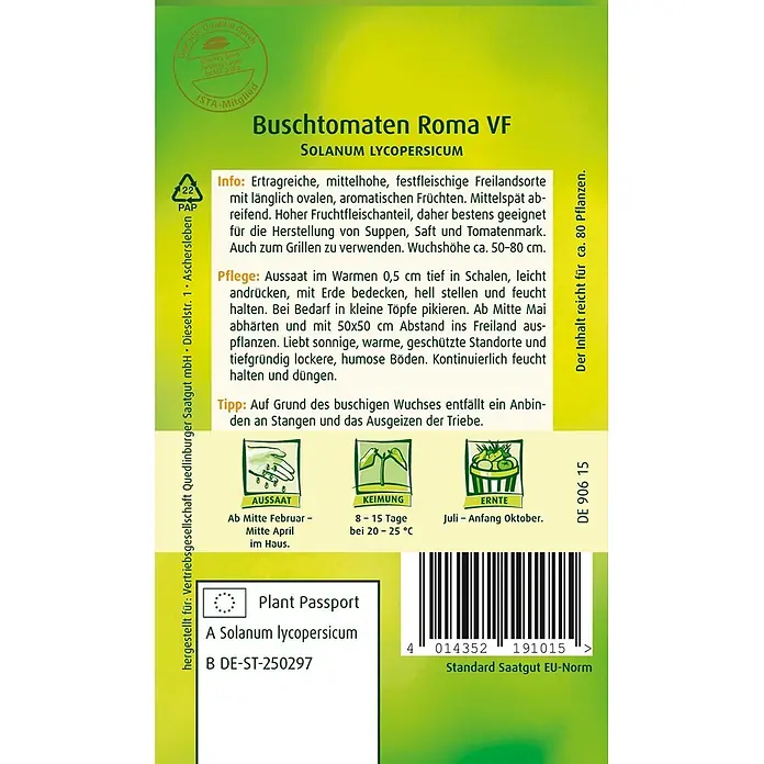Quedlinburger SAATGUT Gemüsesamen Buschtomate - Solanum lycopersicum, Erntezeit: Juli - Grüne Samentüte für Roma VF Buschtomaten, zeigt Pflanzanleitung und Pflanzenpassdaten.