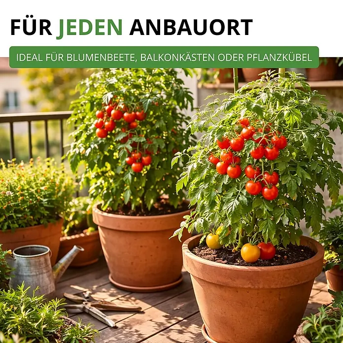 Deine Gartenwelt Tomatensamen-Set mit 10 Sorten -  - Zwei Topf-Tomatenpflanzen mit roten und gelben Kirschtomaten auf einem Balkon, ideal für verschiedene Anbauorte.