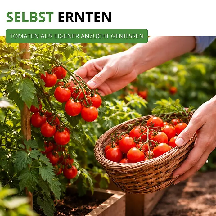 Deine Gartenwelt Tomatensamen-Set mit 10 Sorten -  - Hände ernten reife rote Tomaten von einer Pflanze in einen braunen Weidenkorb in einem sonnigen Garten.