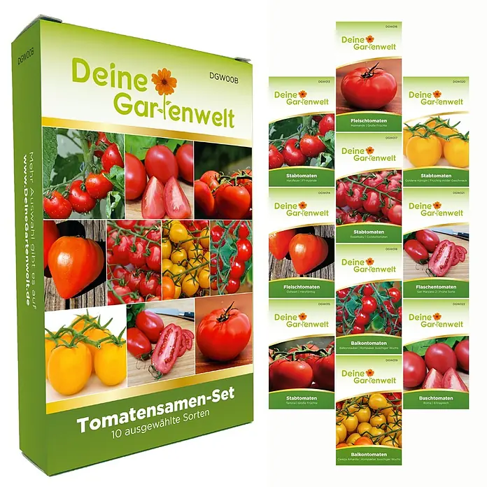 Deine Gartenwelt Tomatensamen-Set mit 10 Sorten -  - Grüne und weiße Tomatensamen-Box mit 10 Samenpäckchen, jedes zeigt eine andere Tomatensorte.