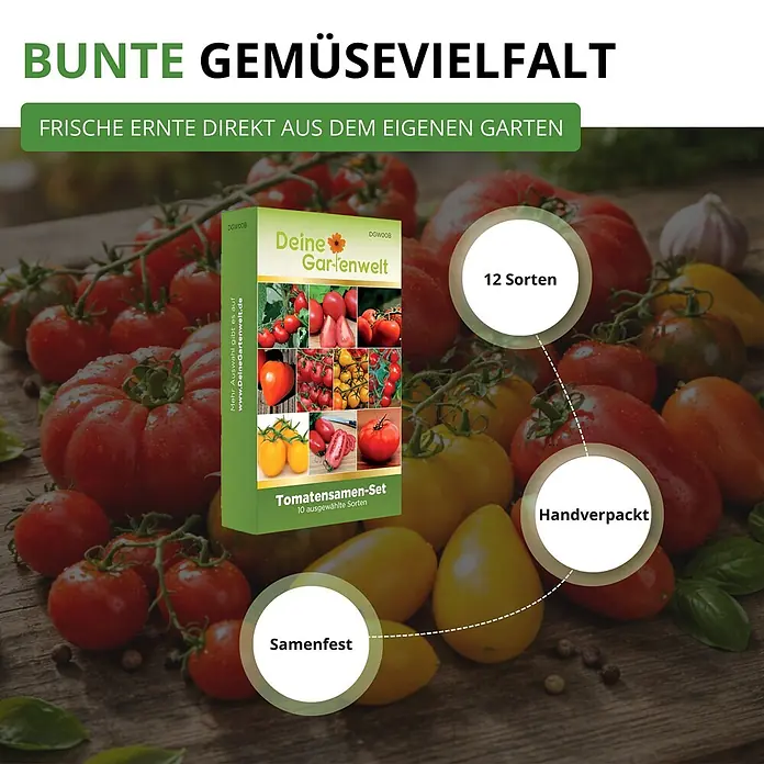 Deine Gartenwelt Tomatensamen-Set mit 10 Sorten -  - Grüne 'Deine Gartenwelt' Tomatensamenbox mit vielfältigen Tomatenbildern, auf frischen Tomaten, hebt 12 Sorten, handverpackt und samenfest hervor.