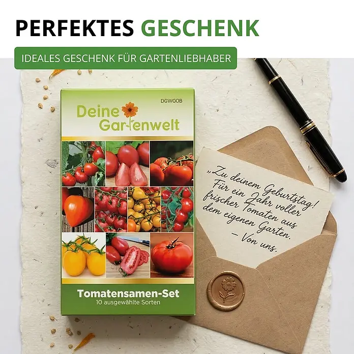Deine Gartenwelt Tomatensamen-Set mit 10 Sorten -  - Grüne Tomatensamen-Box, offener Umschlag mit Geburtstagswunsch und Stift.