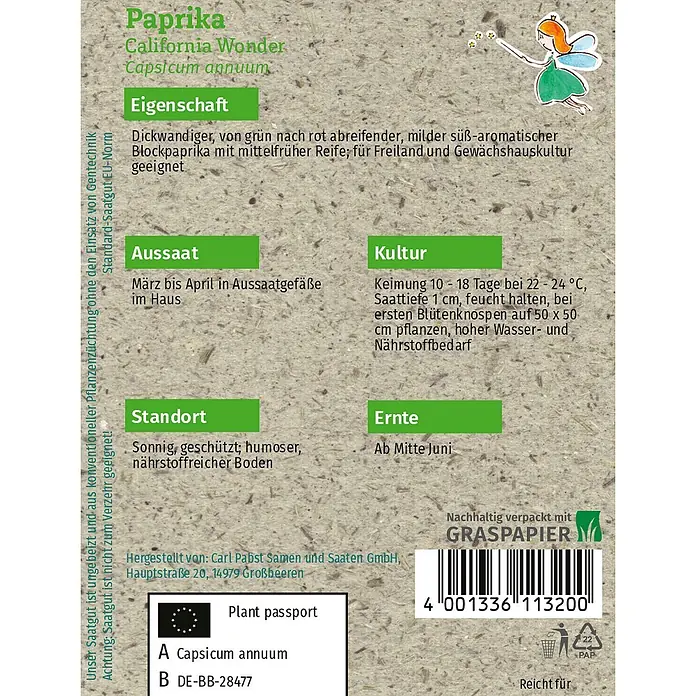 Grüne Fee Gemüsesamen Paprika - Capsicum annuum, Erntezeit: Juni - Samentüte für Paprika California Wonder mit Anbauanleitung und Pflanzenpass, aus Graspapier.