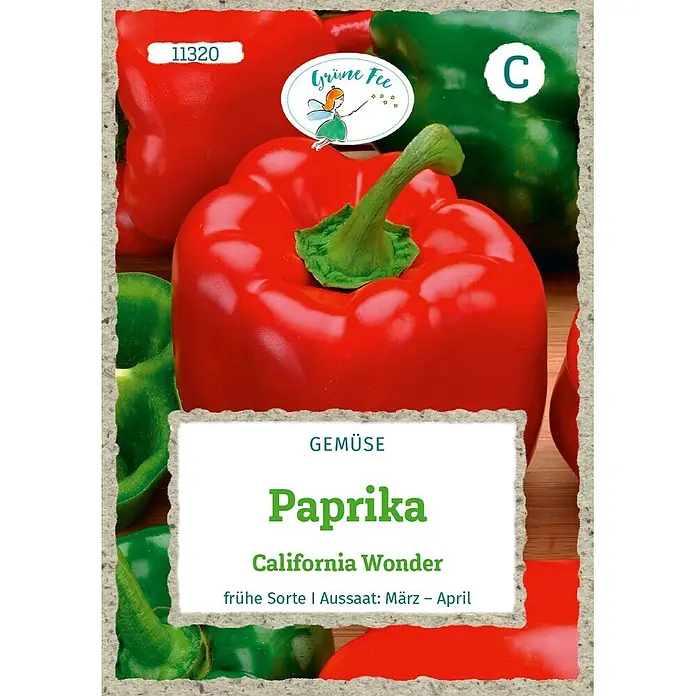 Grüne Fee Gemüsesamen Paprika - Capsicum annuum, Erntezeit: Juni - Samentüte für Paprika 'California Wonder', zeigt rote und grüne Paprikaschoten mit Aufschrift. Aussaat: März - April.