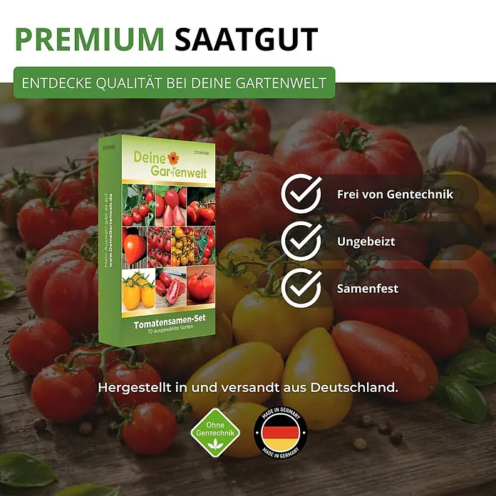 Deine Gartenwelt Tomatensamen-Set mit 10 Sorten -  - Grüne Box mit Tomatensamen-Set "Deine Gartenwelt". Zeigt verschiedene Tomatensorten und Qualitätsmerkmale.