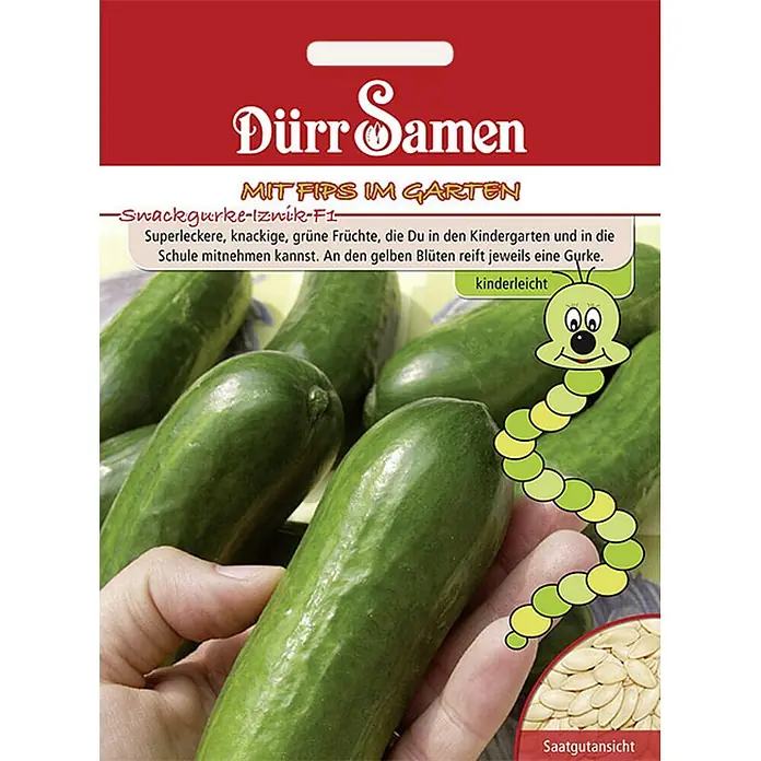 Dürr Samen Gemüsesamen Snackgurke - Cucumis sativus, Erntezeit: Juni - Dürr Samen Snackgurke Izwik-F1 Samenpackung mit Bild von grünen Gurken, Hand, Raupe und Samen.