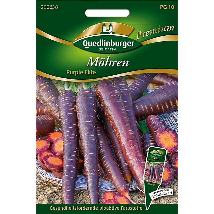 Quedlinburger SAATGUT Gemüsesamen Möhre - Daucus carota, Erntezeit: September - Quedlinburger 'Purple Elite' Möhrensamen-Packung mit leuchtend violetten Möhren.