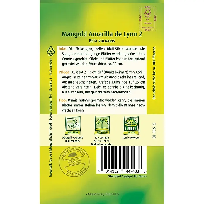 Quedlinburger SAATGUT Gemüsesamen Mangold - Beta vulgaris, Erntezeit: April - Samenpäckchen für Mangold Amarilla de Lyon 2 mit Pflanzeninformationen, Anbauanleitung, Barcode und Gütesiegeln.
