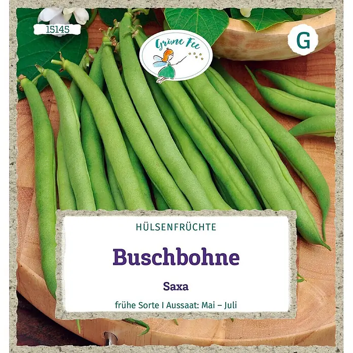 Grüne Fee Gemüsesamen Buschbohne - Phaseolus vulgaris var. nanus, Erntezeit: Juli - Samenpackung für Buschbohne Saxa, mit frischen grünen Bohnen und „Grüne Fee“ Feen-Logo.