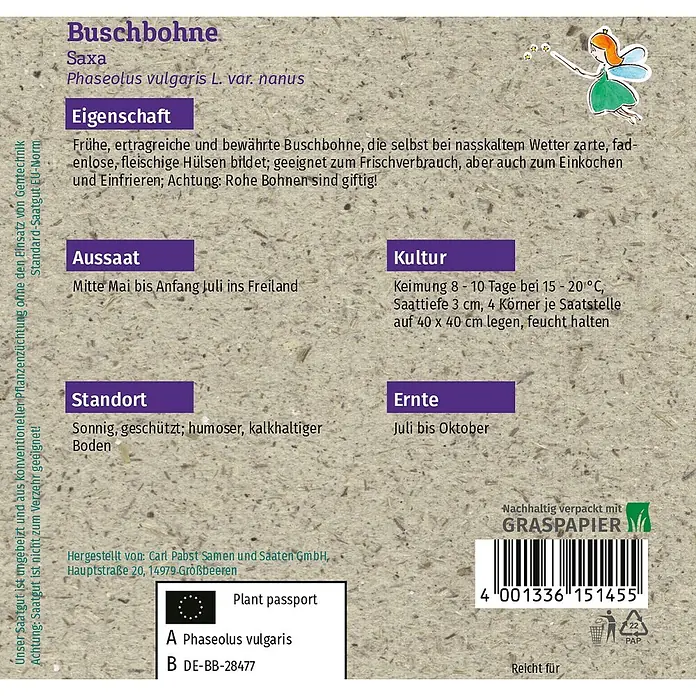 Grüne Fee Gemüsesamen Buschbohne - Phaseolus vulgaris var. nanus, Erntezeit: Juli - Graspapier-Samenpackung für Buschbohne Saxa mit Pflanzanleitung, Pflanzenpass und Barcode.