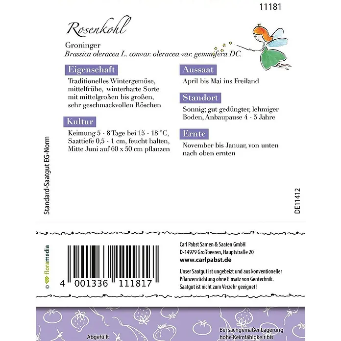Grüne Fee Gemüsesamen Rosenkohl - Brassica oleracea L convar. oleracea var., Erntezeit: Oktober - Saatguttüte für Rosenkohl Groninger mit Pflanzanleitung und Herstellerinformationen.