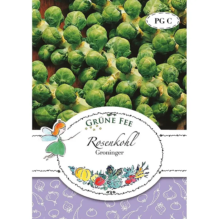 Grüne Fee Gemüsesamen Rosenkohl - Brassica oleracea L convar. oleracea var., Erntezeit: Oktober - Saatgutpackung 'Grüne Fee Rosenkohl Groninger', mit Feen- und Gemüseillustrationen, Kennzeichnung 'PG C'.